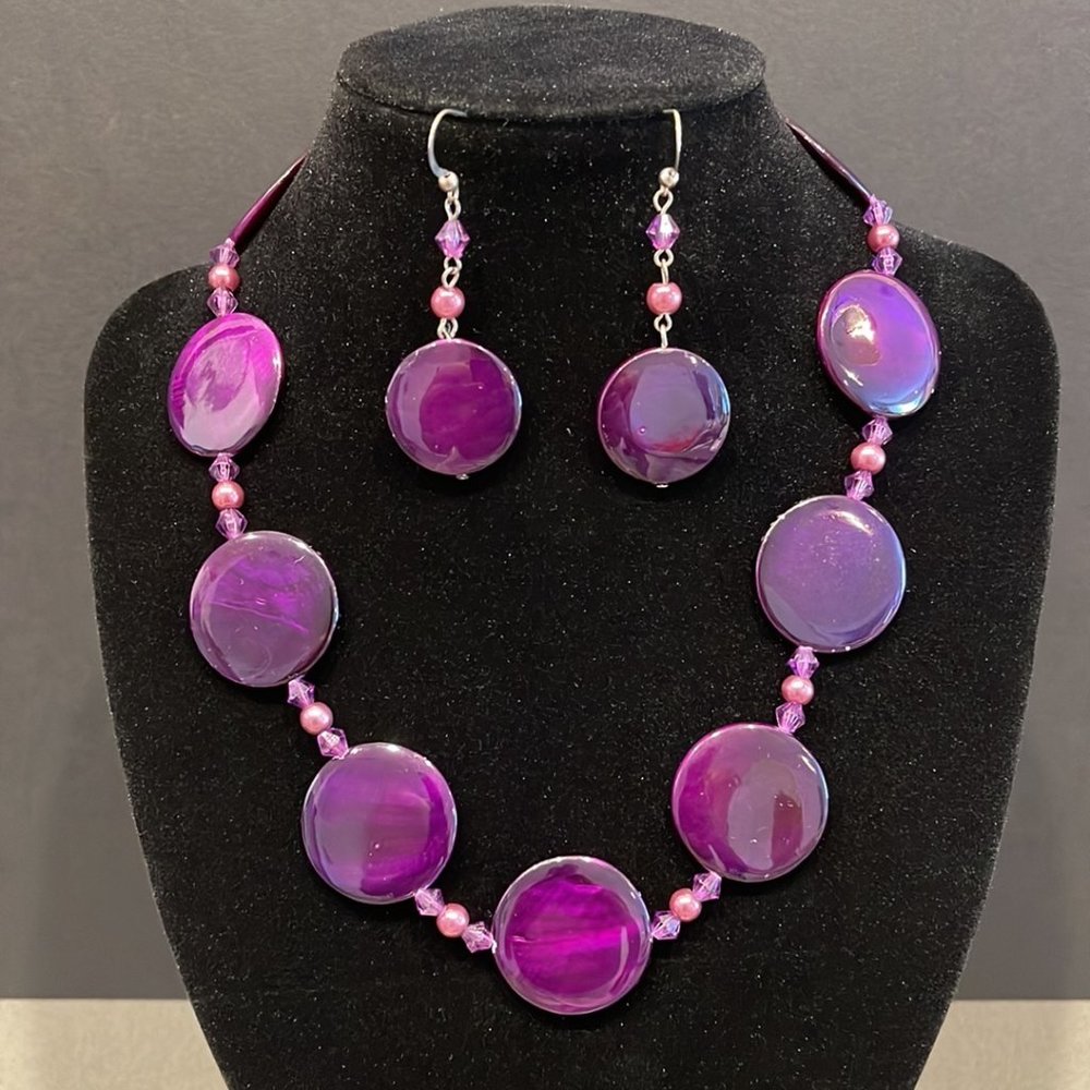 Purple Flat Disc Necklace & Earrings Set